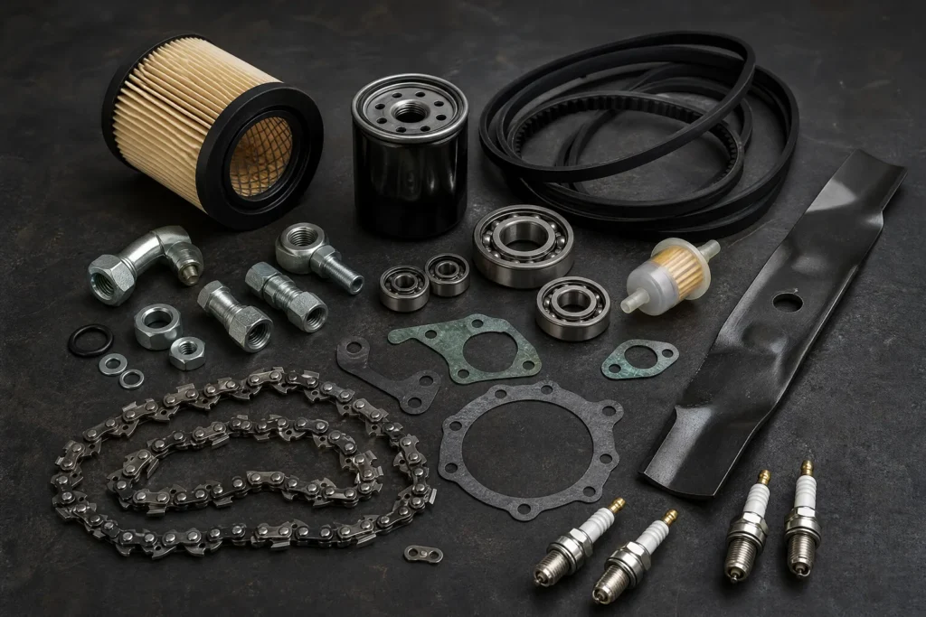 Filter, Keilriemen, Lager, Hydraulikverschraubungen, Sägekette und Mähmesser auf einer Werkbank