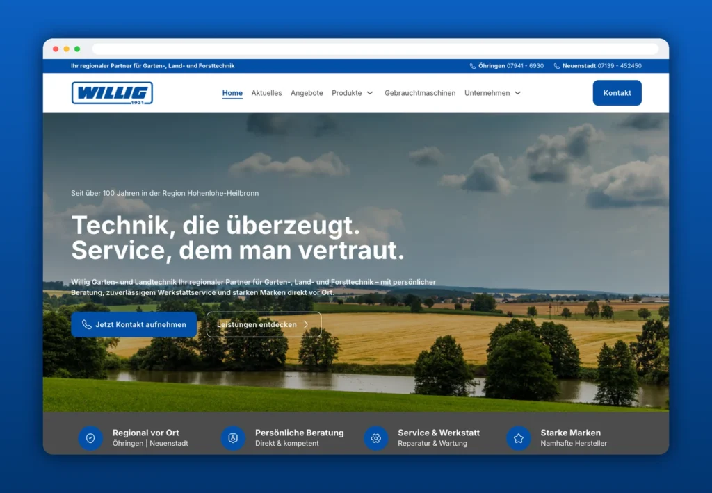 Startseite der neuen Website von WILLIG Landtechnik in einem Browserfenster
